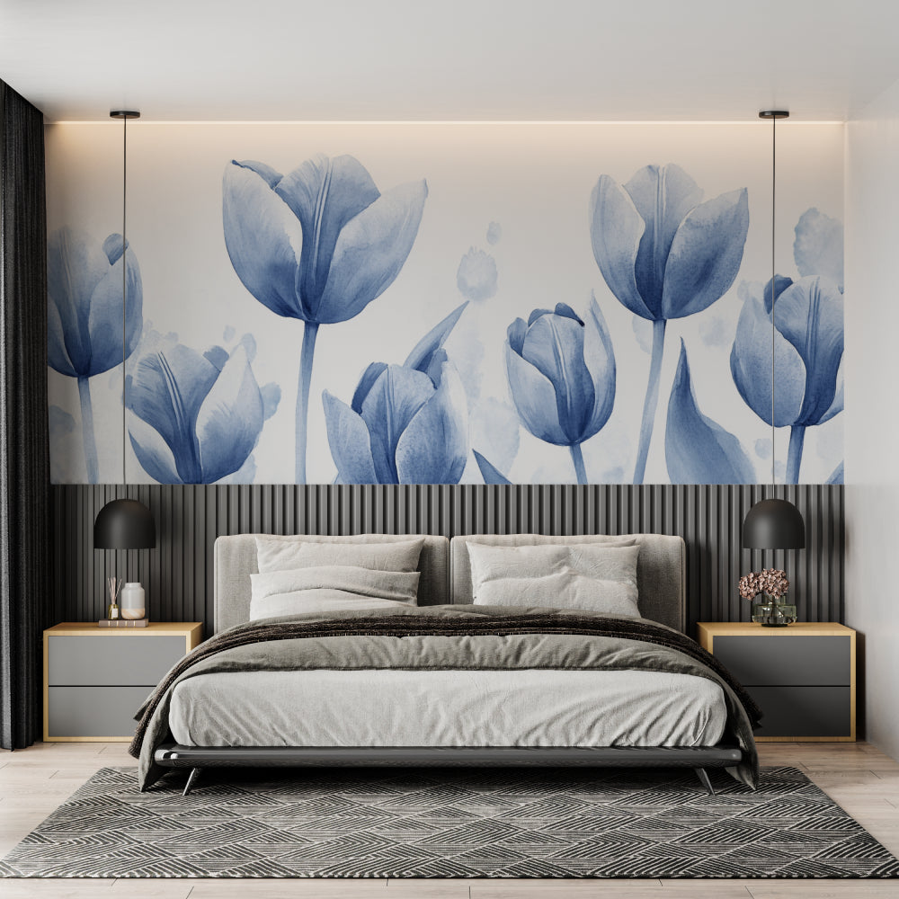 Dining room showcasing watercolor tulip wall mural in soft blue tones
