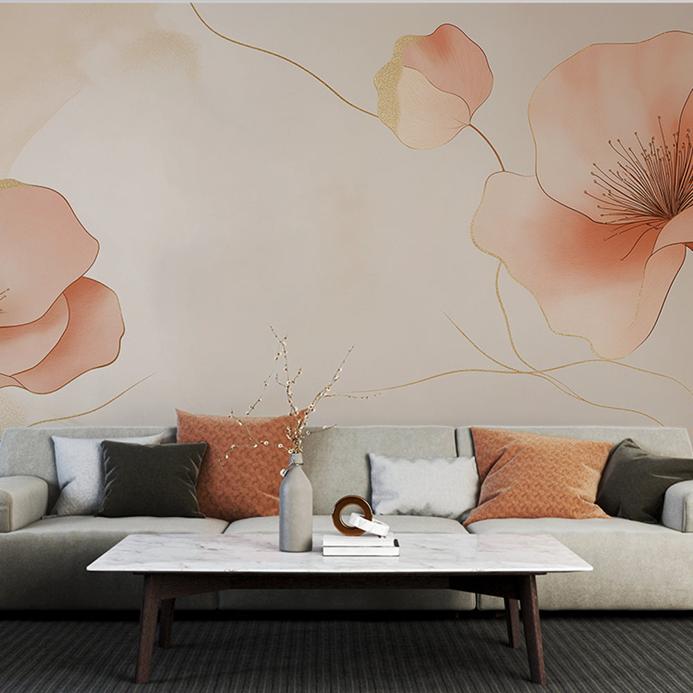 Pink and gold floral wallpaper mural creating a soft, elegant atmosphere in a bright modern living room