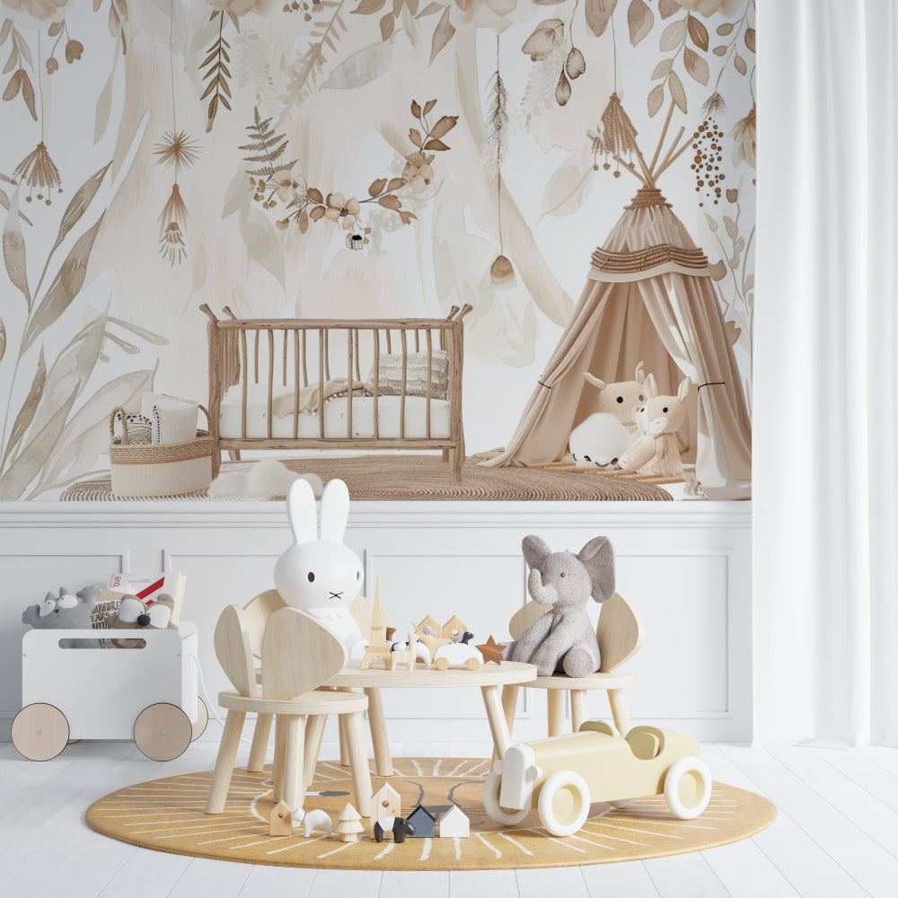 Beige botanical nursery wallpaper creating a peaceful atmosphere in a modern nursery with natural wooden furniture