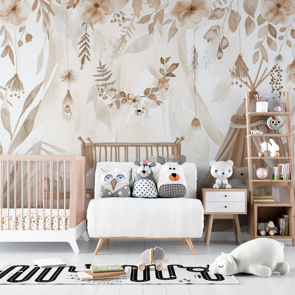 Nature-inspired floral wallpaper bringing warmth to a minimalist living room setting