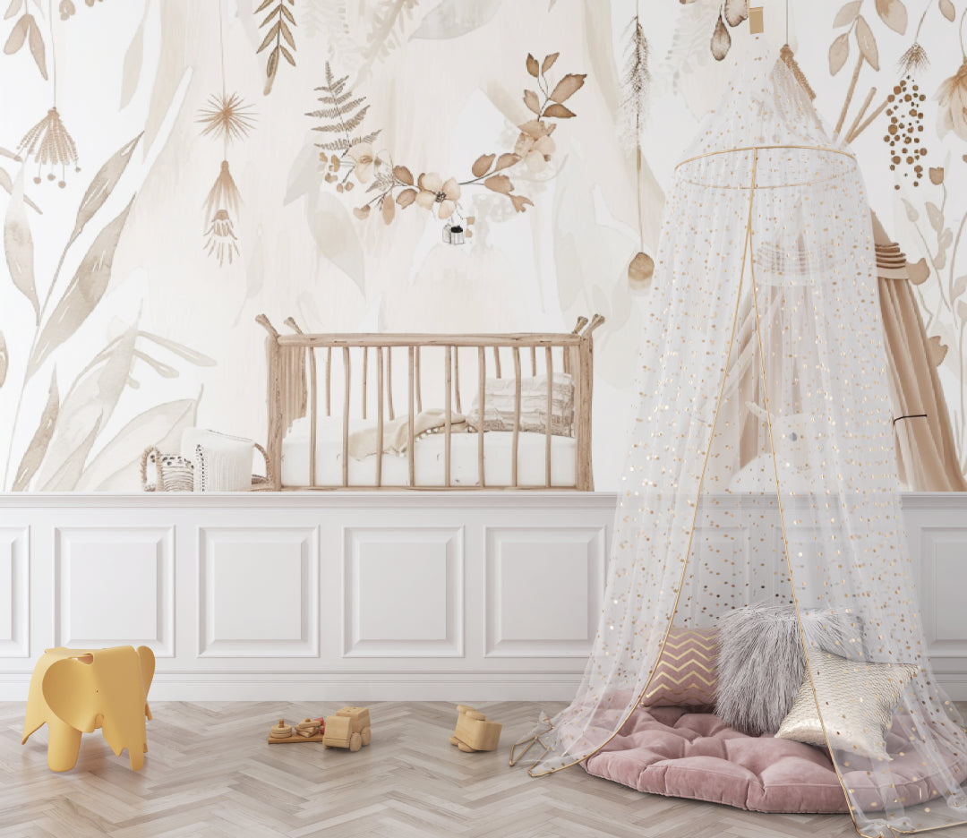 Botanical wall mural adding soft texture to a peaceful bedroom sanctuary