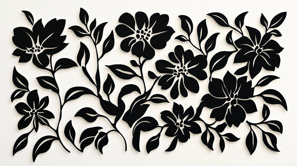Black and white botanical pattern design file showing detailed flower and leaf motifs