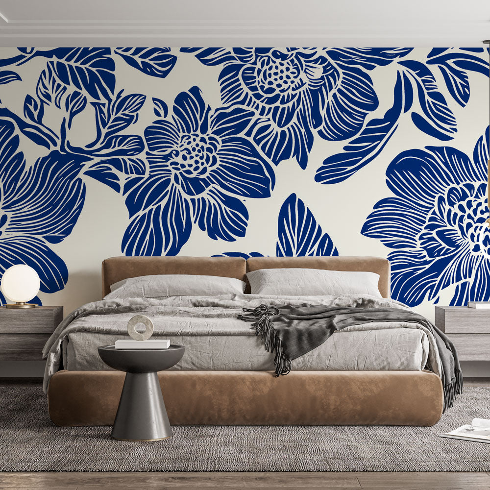 Blue Floral Wallpaper Mural showcased in a bright modern living room, creating a stunning accent wall with navy botanical prints