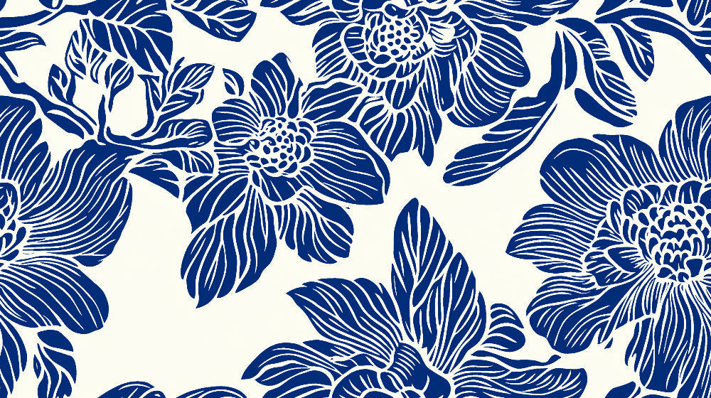 Blue Botanical Wallpaper design file showing detailed navy flowers on cream background