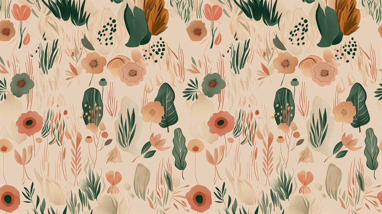 Botanical wallpaper with terracotta flowers in modern living room setting showing scale and natural light interaction