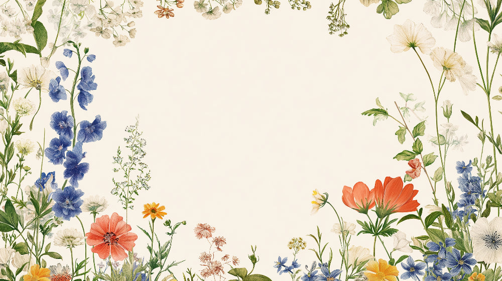 Botanical garden wallpaper design file showing detailed blue delphiniums and coral flowers pattern