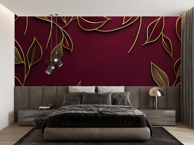 Burgundy and gold floral wallpaper in modern living room setting, creating warm ambiance