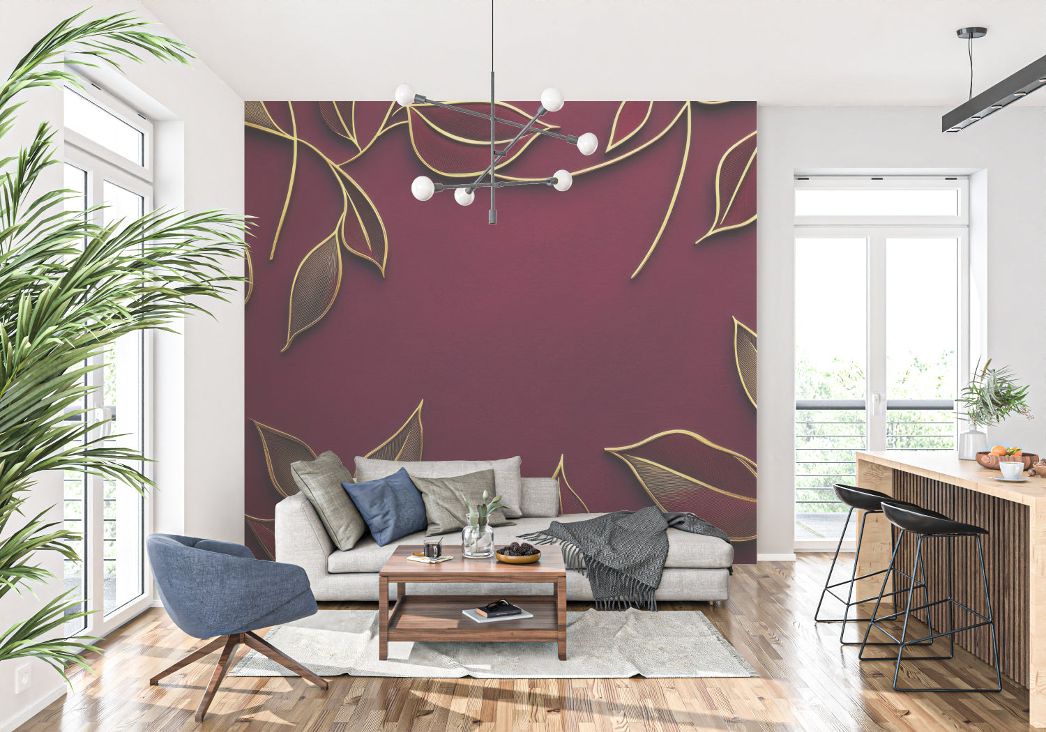 Master bedroom with burgundy floral accent wall and gold decor elements