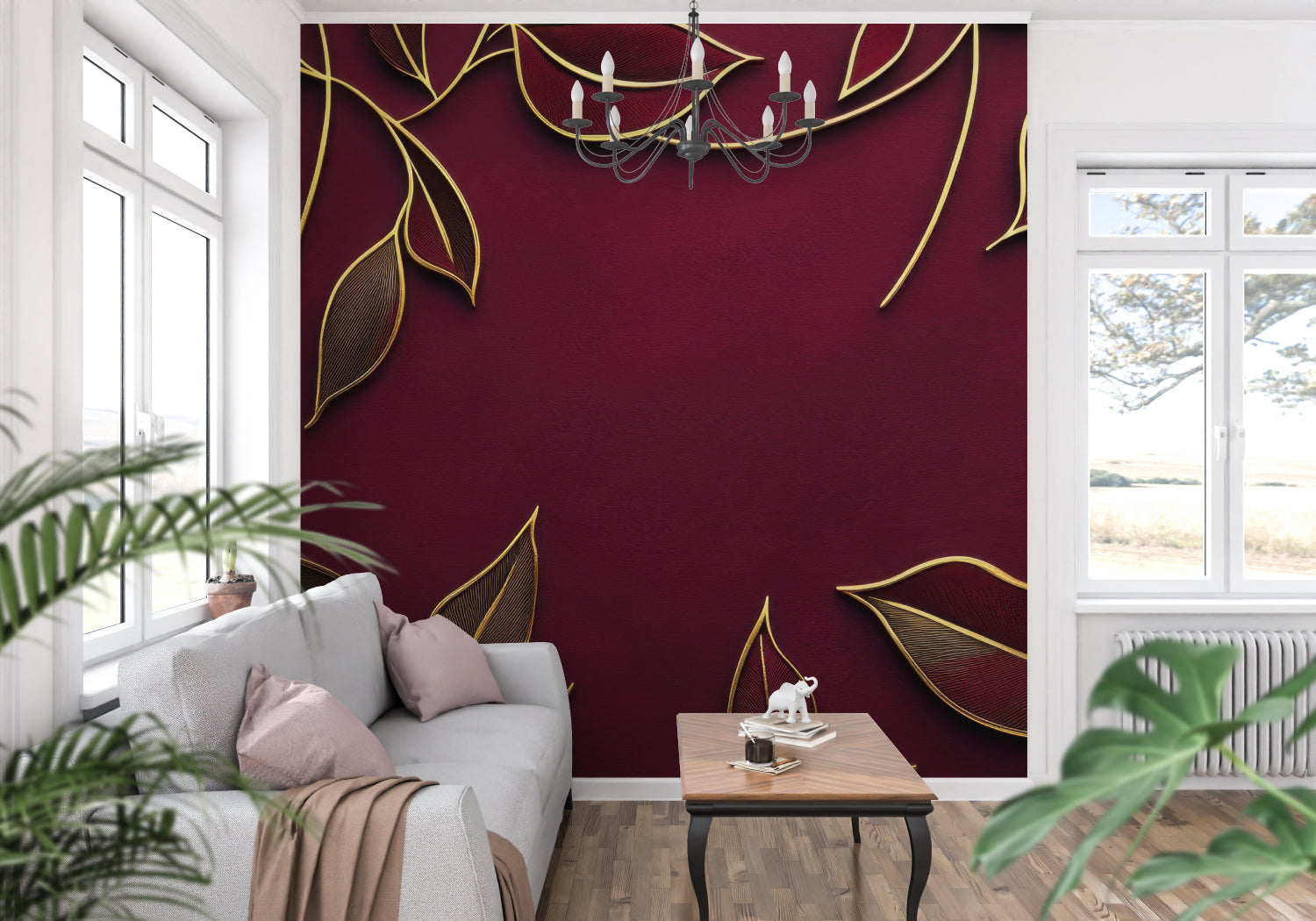 Entryway transformed with elegant burgundy and gold floral wall mural