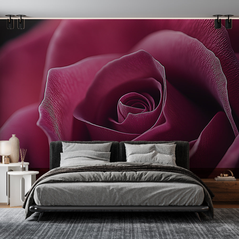 Burgundy rose wallpaper mural creating a stunning accent wall in a modern dining room with soft lighting