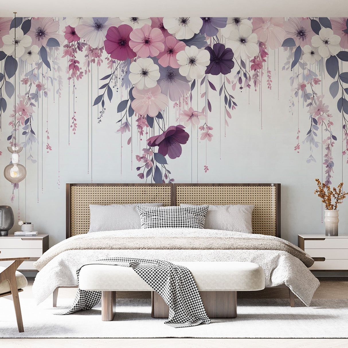 Pink and purple floral wallpaper mural creating a fresh spring feel in a bright modern bedroom with white furniture