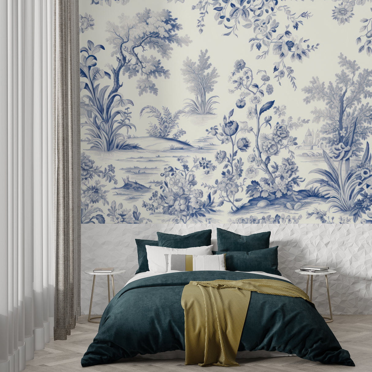 French country bedroom featuring blue Toile de Jouy wall mural with white bedding