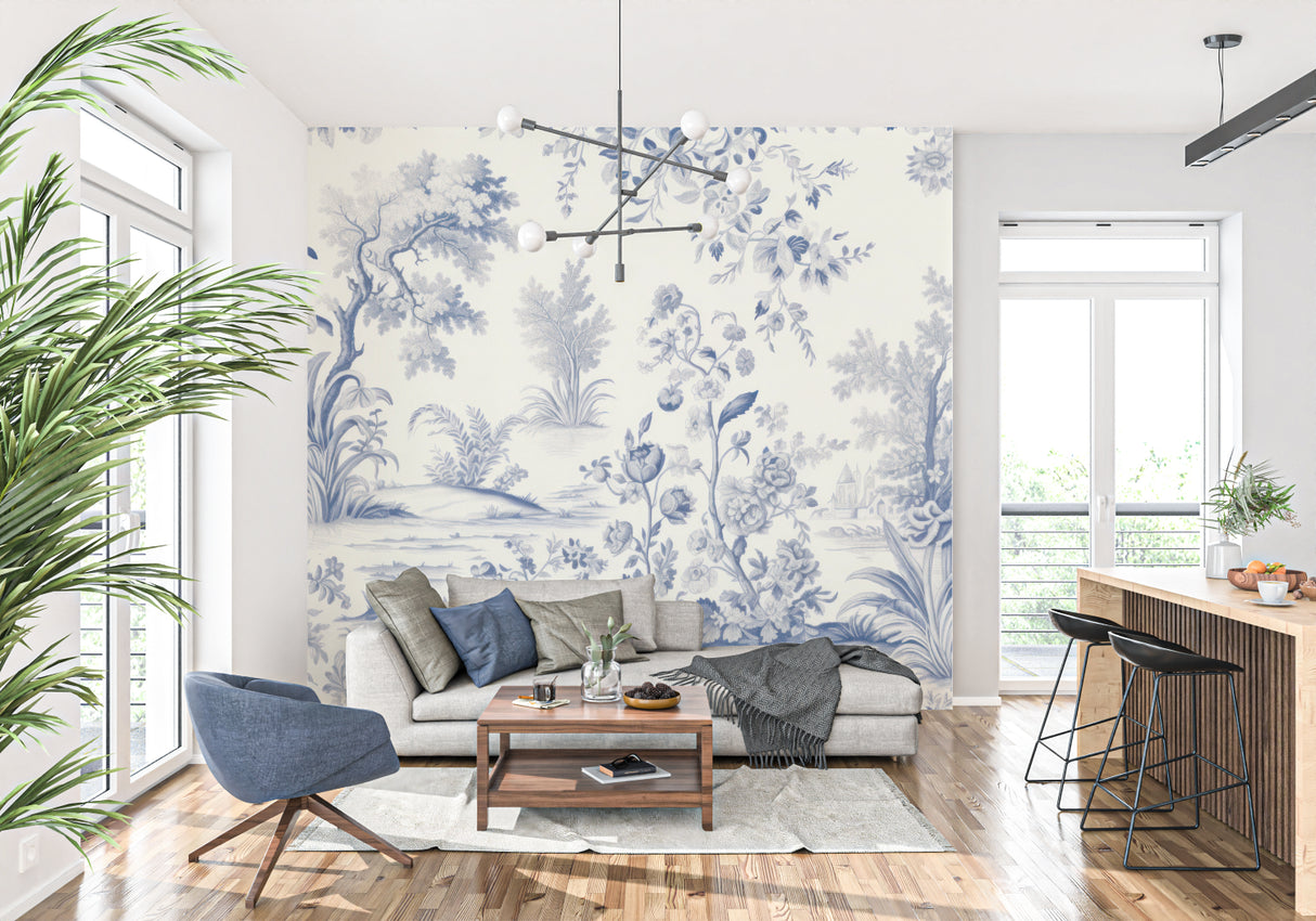 Elegant living room showcase of blue and white Toile pattern wallpaper with modern furniture