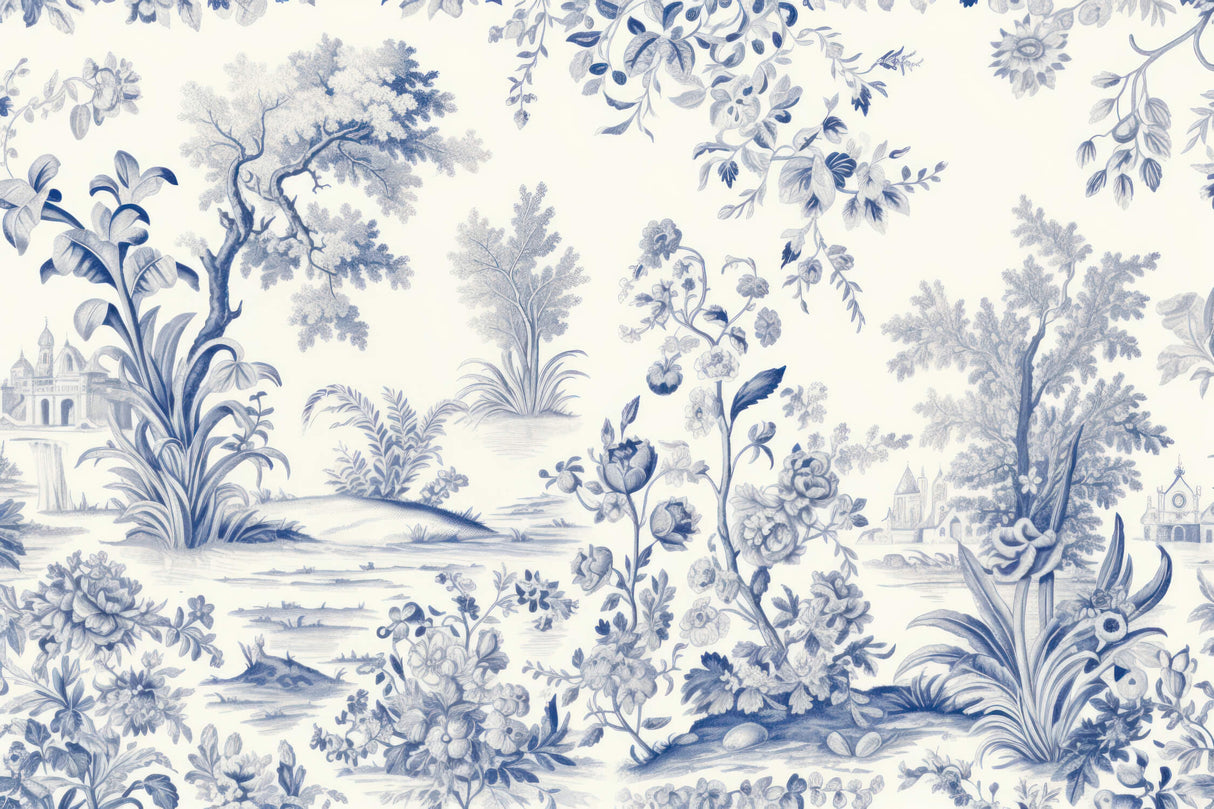 Classic blue and white Toile de Jouy wallpaper design file showing detailed pattern and motifs
