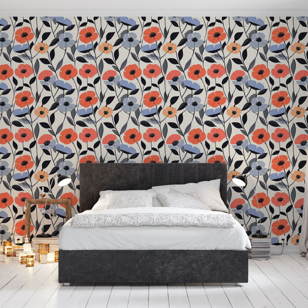 Coral and blue Poppy Mural Wallpaper creating a fresh spring mood in a bright modern living room