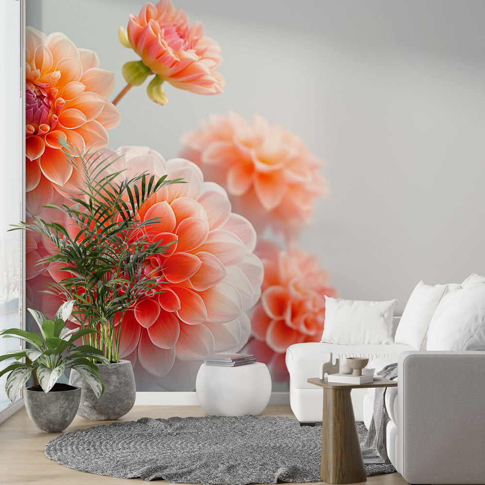 Coral Dahlia floral wallpaper bringing elegance to a bright modern living room with natural light highlighting the soft peach tones