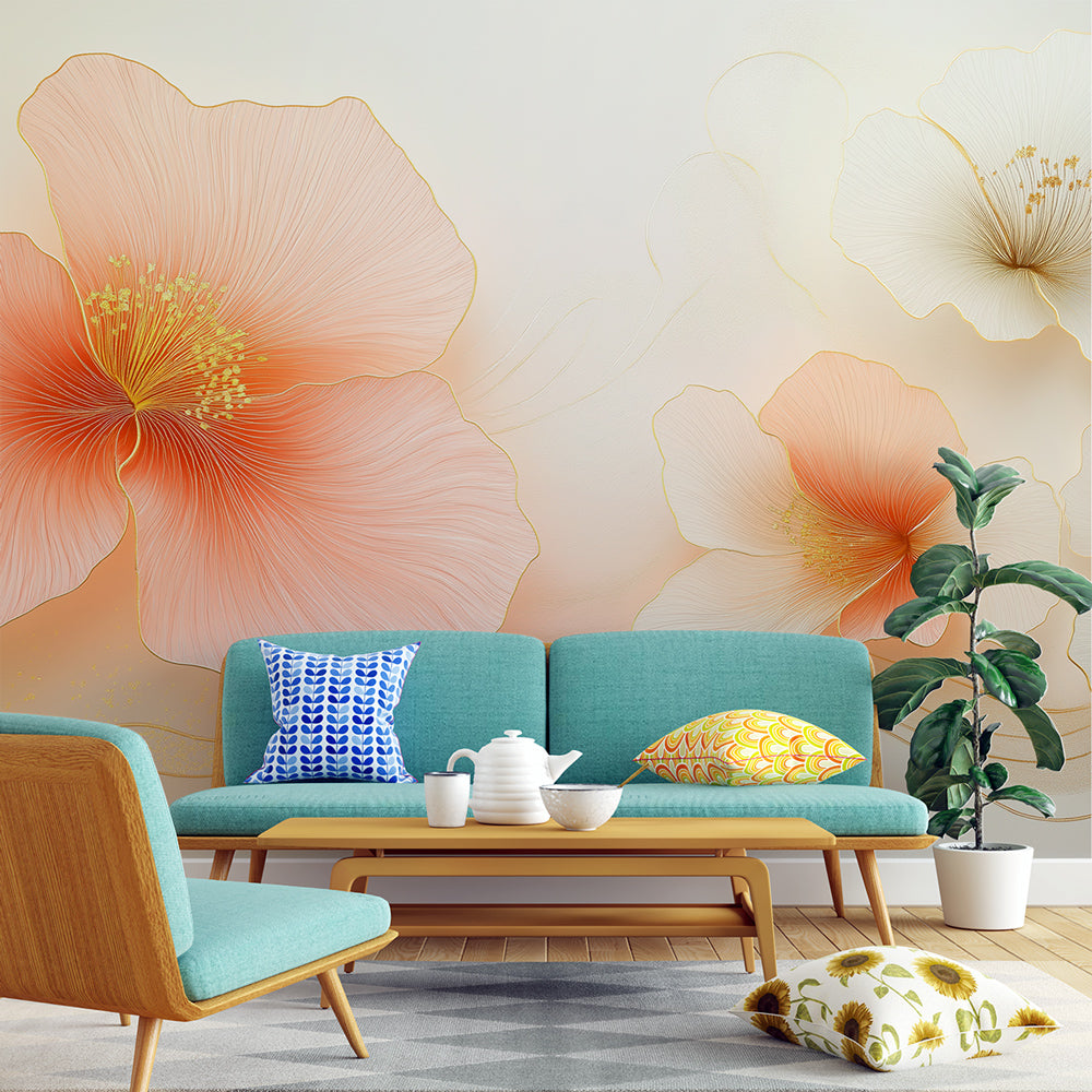Coral Hibiscus floral wallpaper creating a peaceful atmosphere in a bright master bedroom with natural light