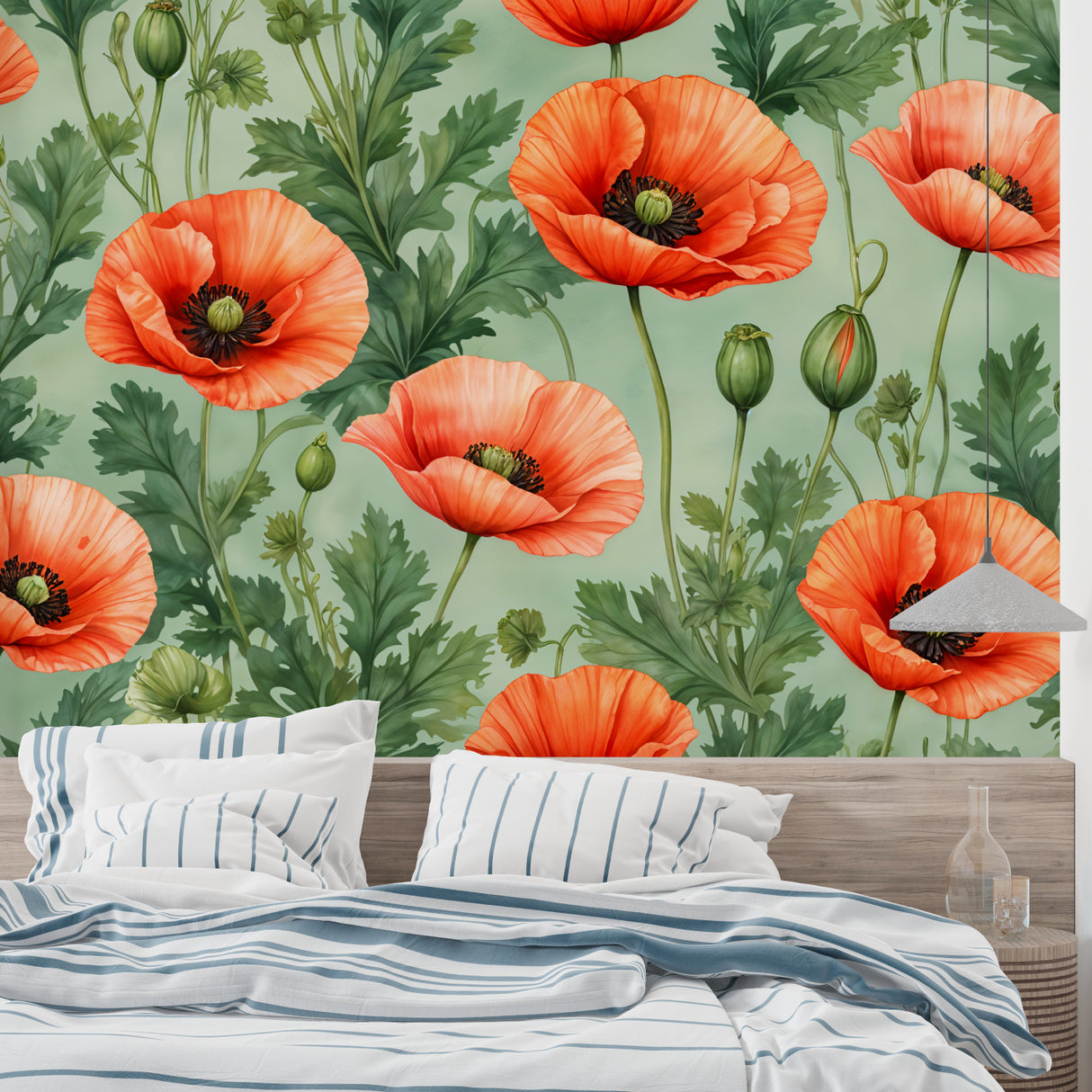 Botanical wallpaper with coral poppies making a dining room feel warm and inviting