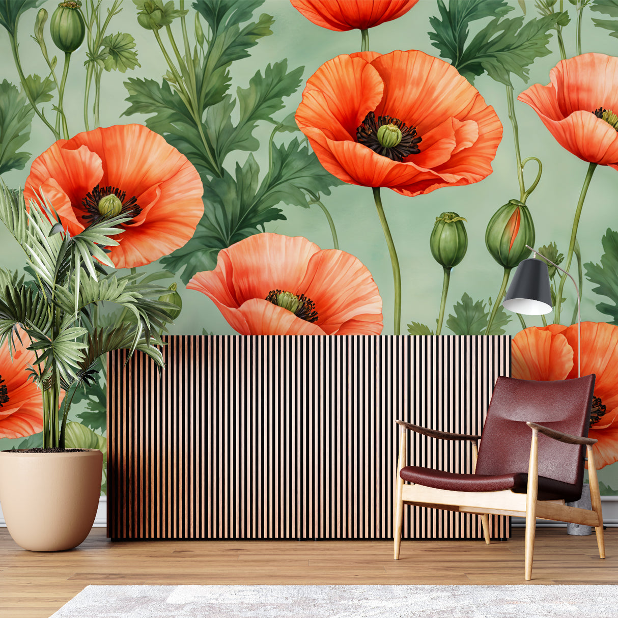 Floral accent wall with poppies brightening up a cozy bedroom space