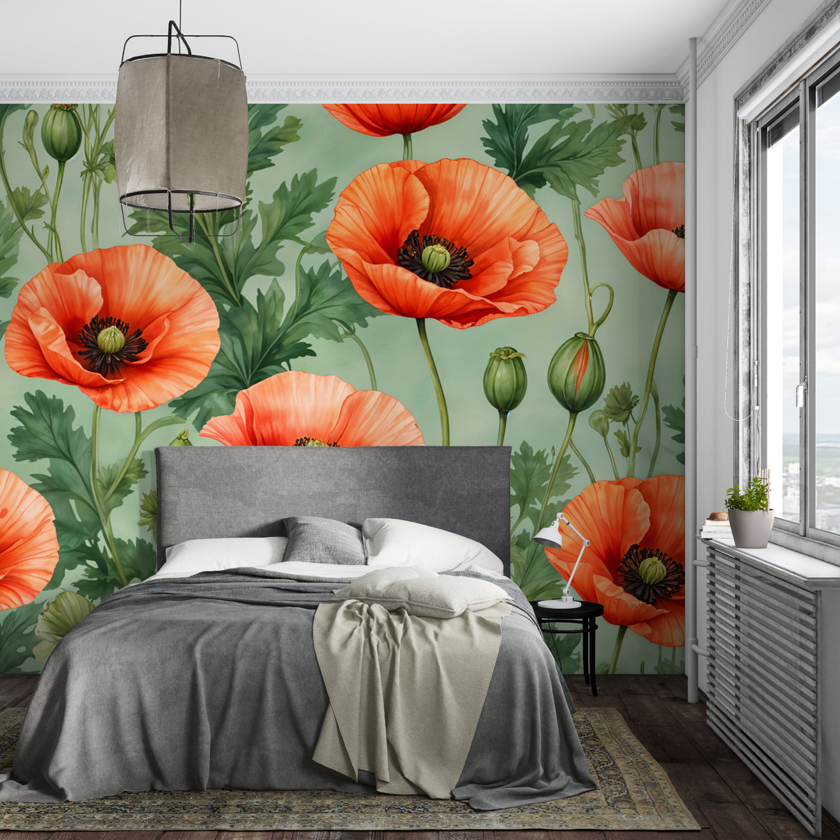 Sage green and coral poppy mural adding charm to a home office