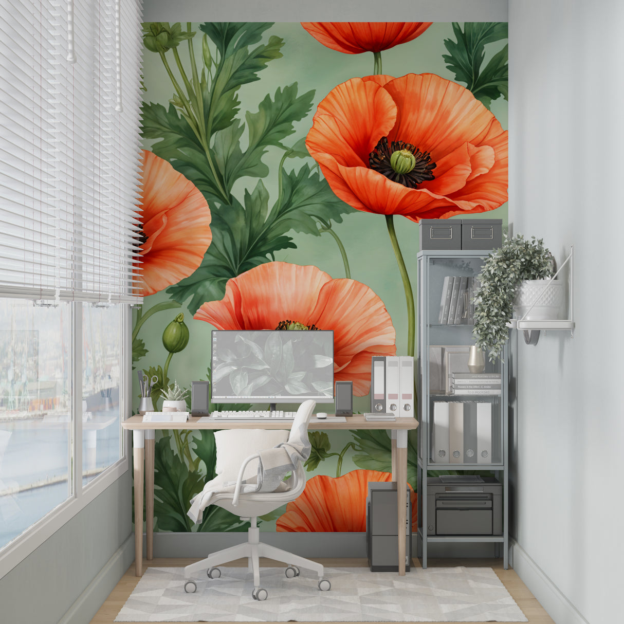 Poppy wall mural bringing nature indoors in an elegant entryway
