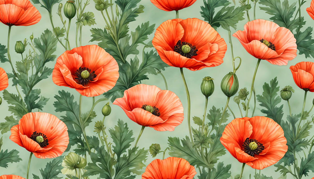 Design file showing detailed coral poppies pattern on sage green background