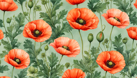Design file showing detailed coral poppies pattern on sage green background