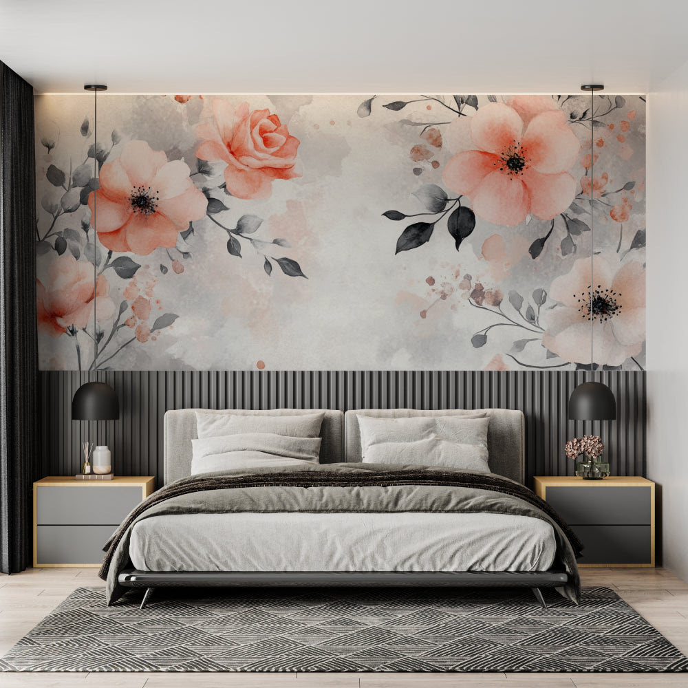 Modern floral wallpaper with coral roses in a bright living room setting showing scale and color harmony