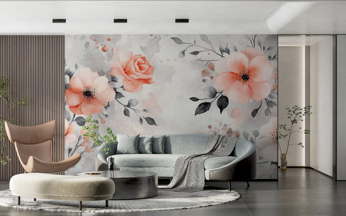 Watercolor rose wall mural in master bedroom creating a peaceful atmosphere