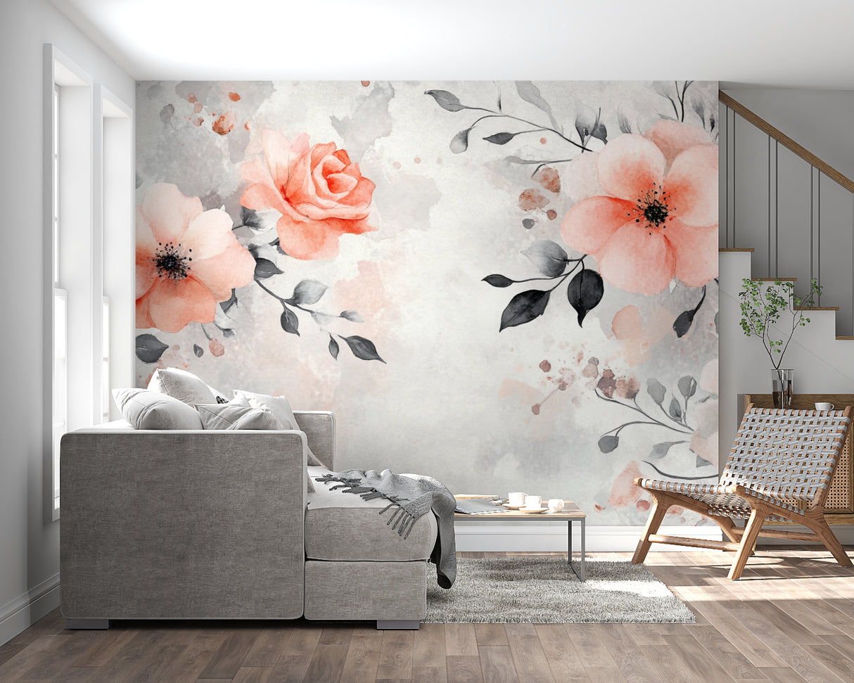 Coral rose wallpaper in dining room showing soft grey leaves detail