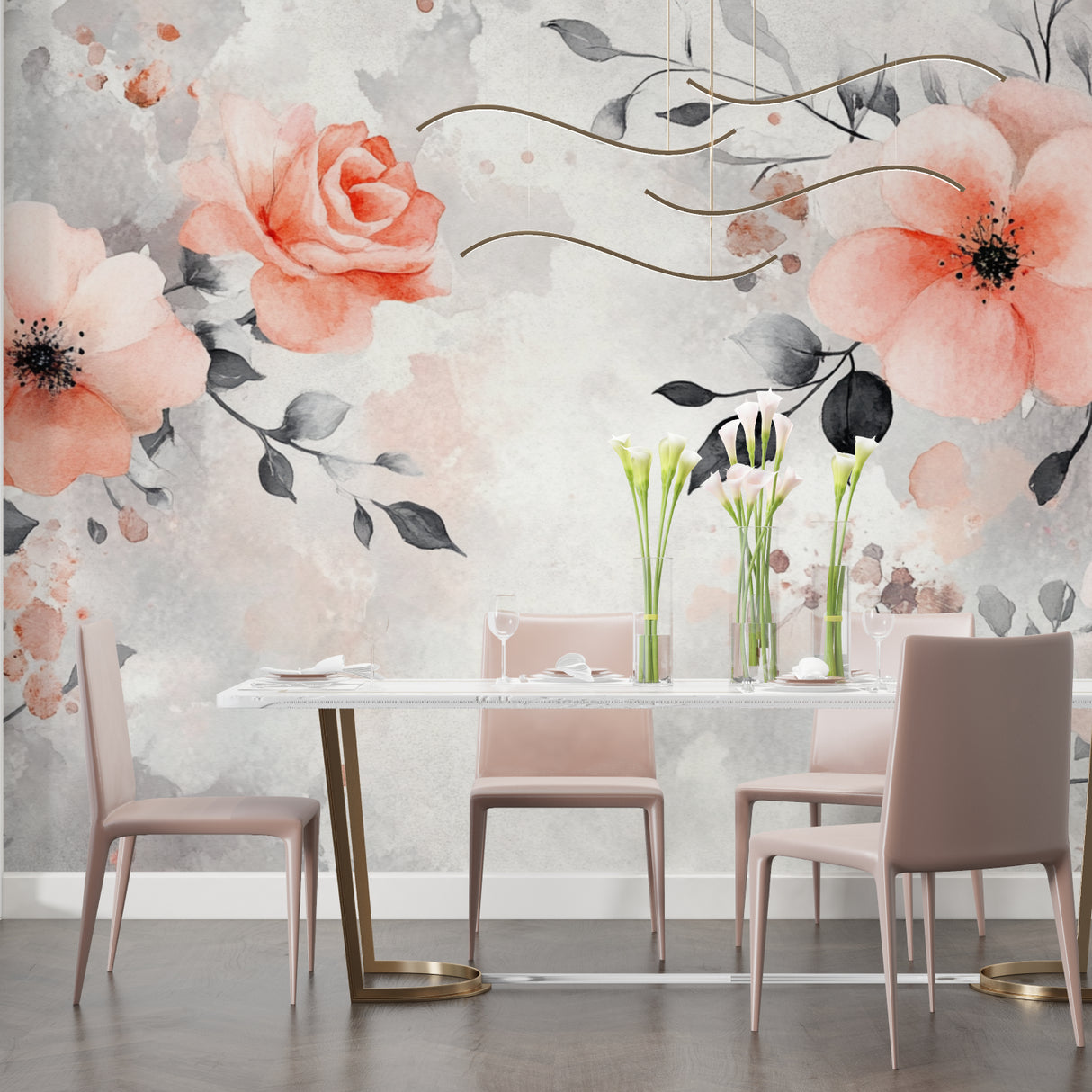 Floral mural wallpaper adding elegance to home office space