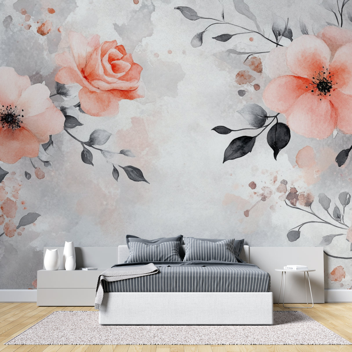 Rose wall mural installation in powder room showing pattern flow