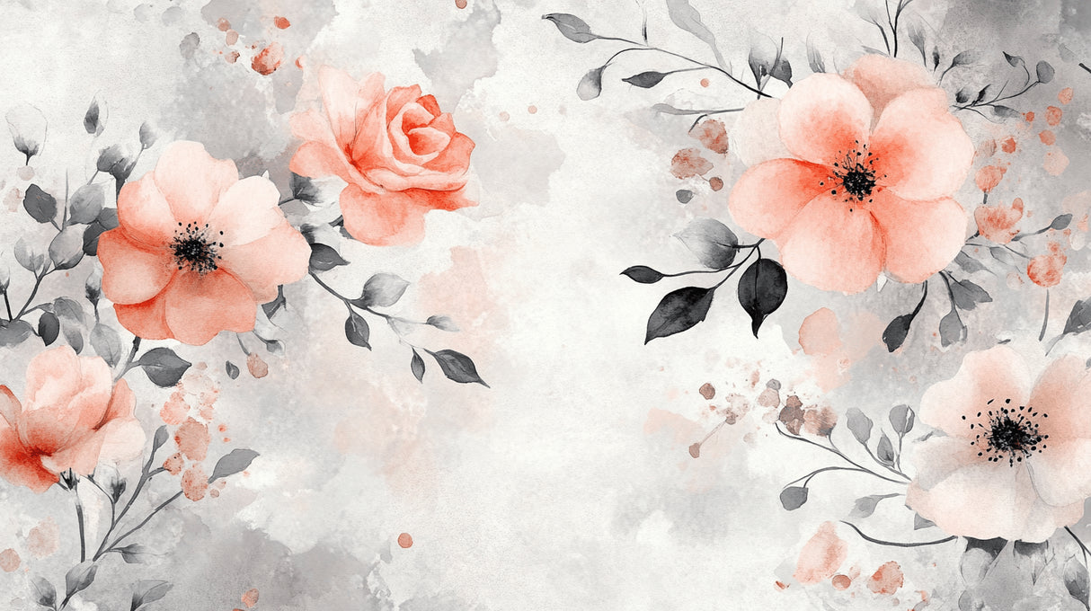 Watercolor floral wallpaper design file showing full coral roses and grey leaves pattern