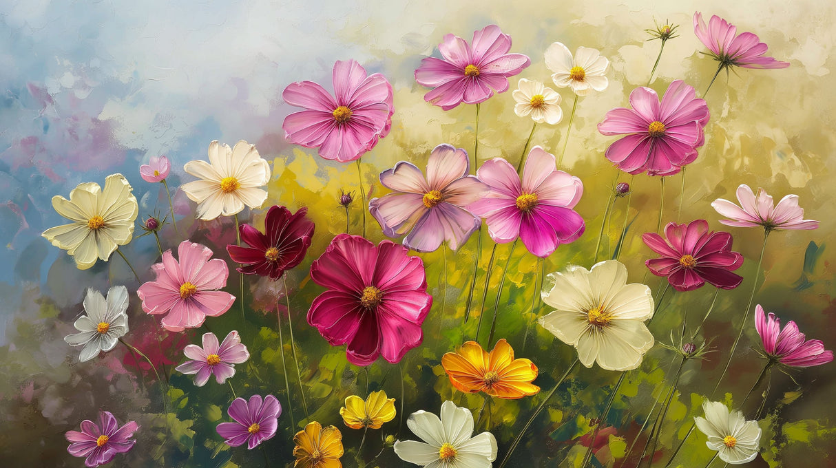 Pink Cosmos floral wall mural in bright modern living room, creating a fresh garden atmosphere