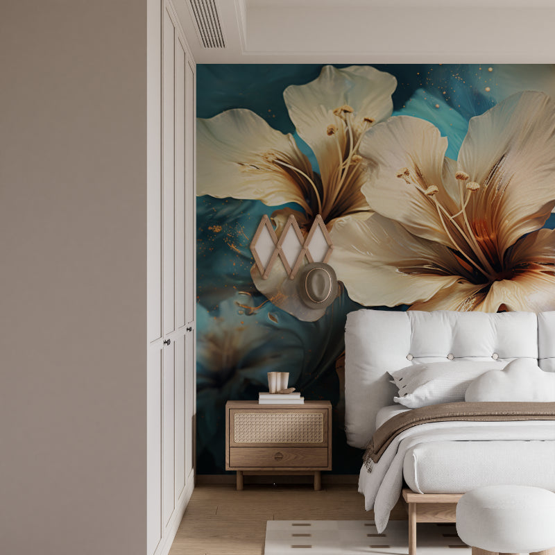 Elegant hibiscus wall mural making a stunning backdrop in master bedroom