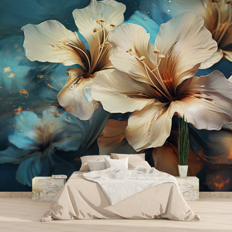 Turquoise and cream floral wallpaper brightening up a home office space