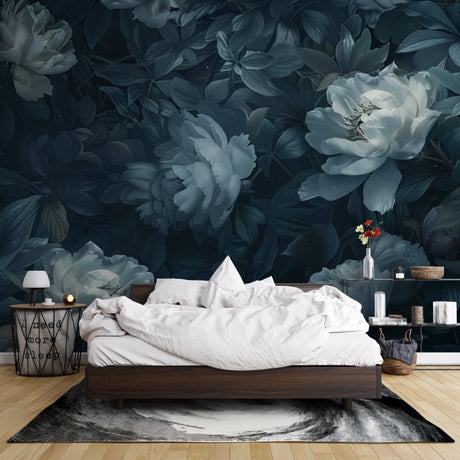 Dark blue peony wallpaper in modern living room with grey sofa and natural light