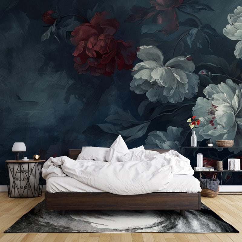 Peony wall mural in elegant dining room with crystal chandelier