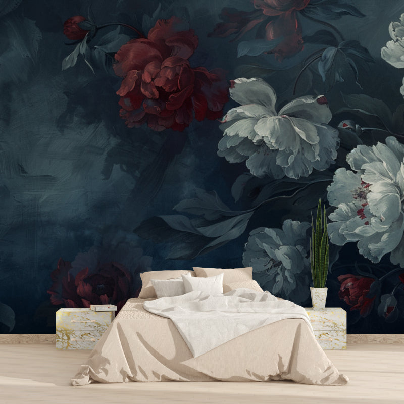 Dramatic floral wallpaper in master bedroom with white bedding