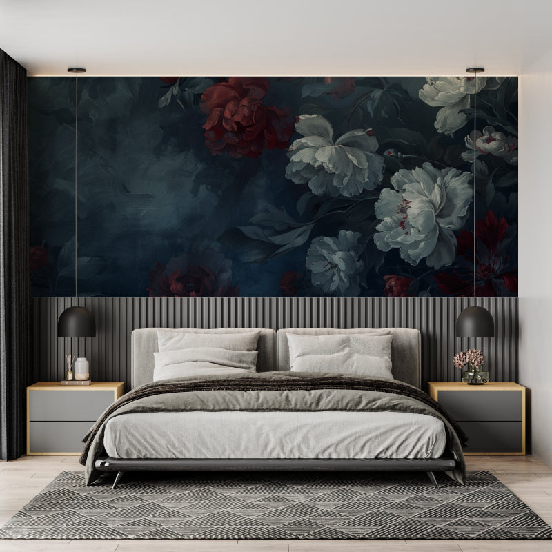 Dark blue and red peony mural in home office with wooden desk