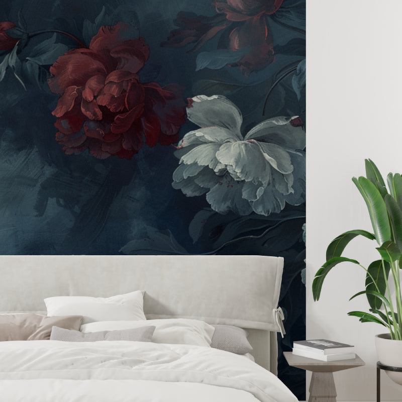 Floral wall mural featuring red and white peonies in hallway