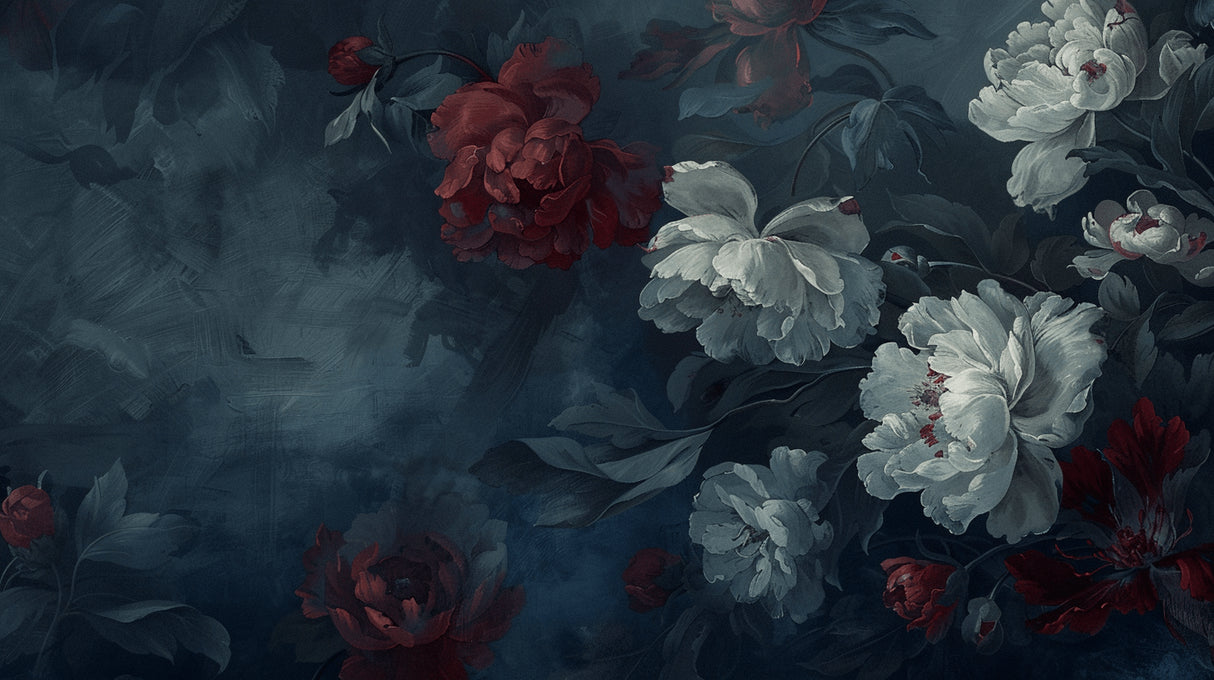 Dark blue floral wallpaper design file showing detailed red and white peony pattern