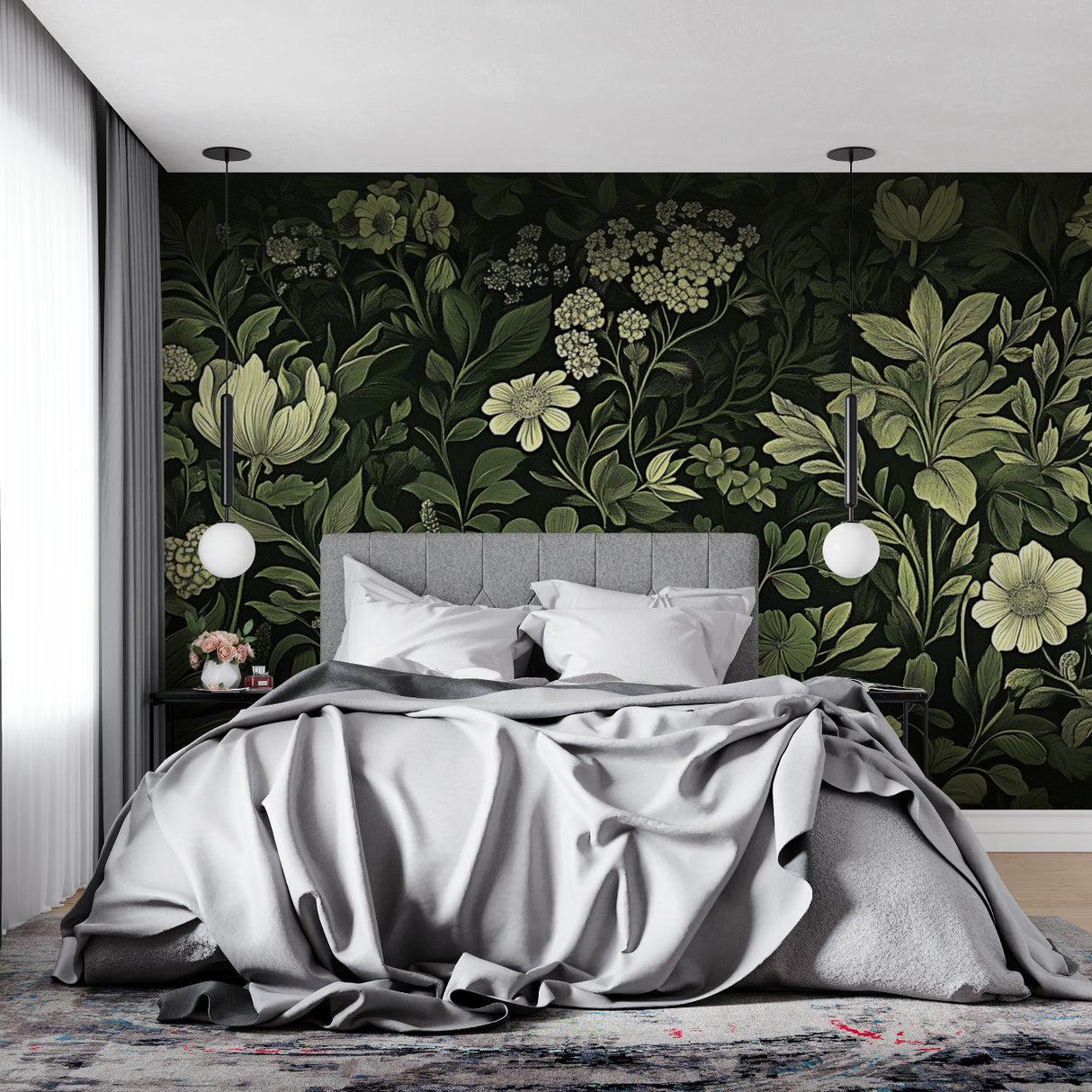 Floral wall mural in master bedroom with emerald and cream tones