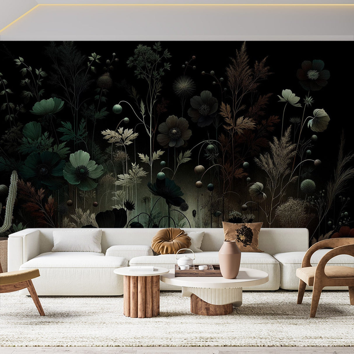 Dark botanical wallpaper creating drama in a modern living room with tall windows