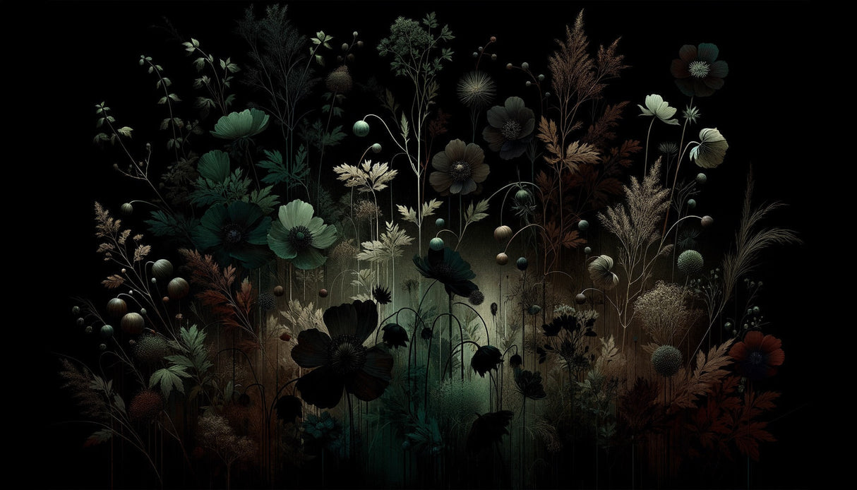 Moody floral mural bringing depth to an elegant dining room setting