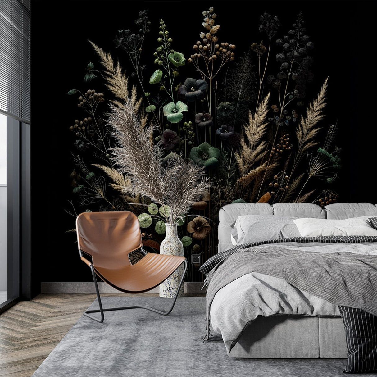 Dark floral wallpaper in modern living room with black sofa and gold accents