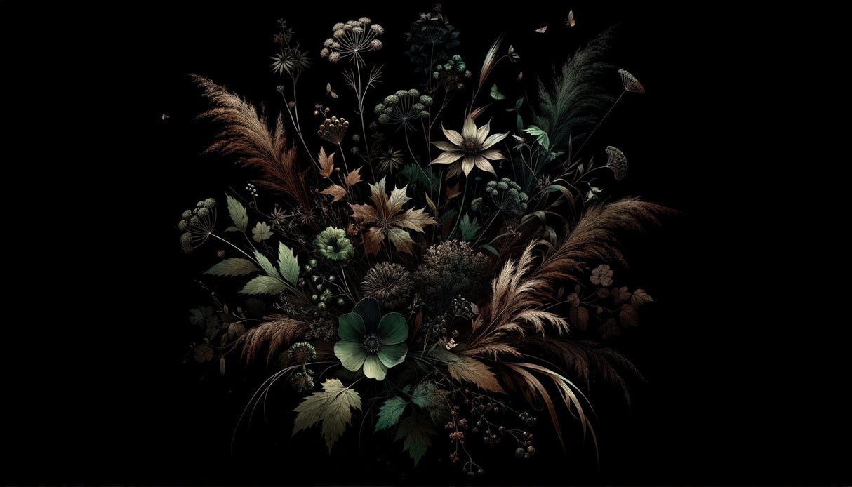 Dark floral wallpaper creating drama in modern living room with golden accents