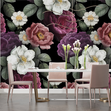 Dark floral wallpaper creating a cozy atmosphere in a modern dining room with purple and white blooms