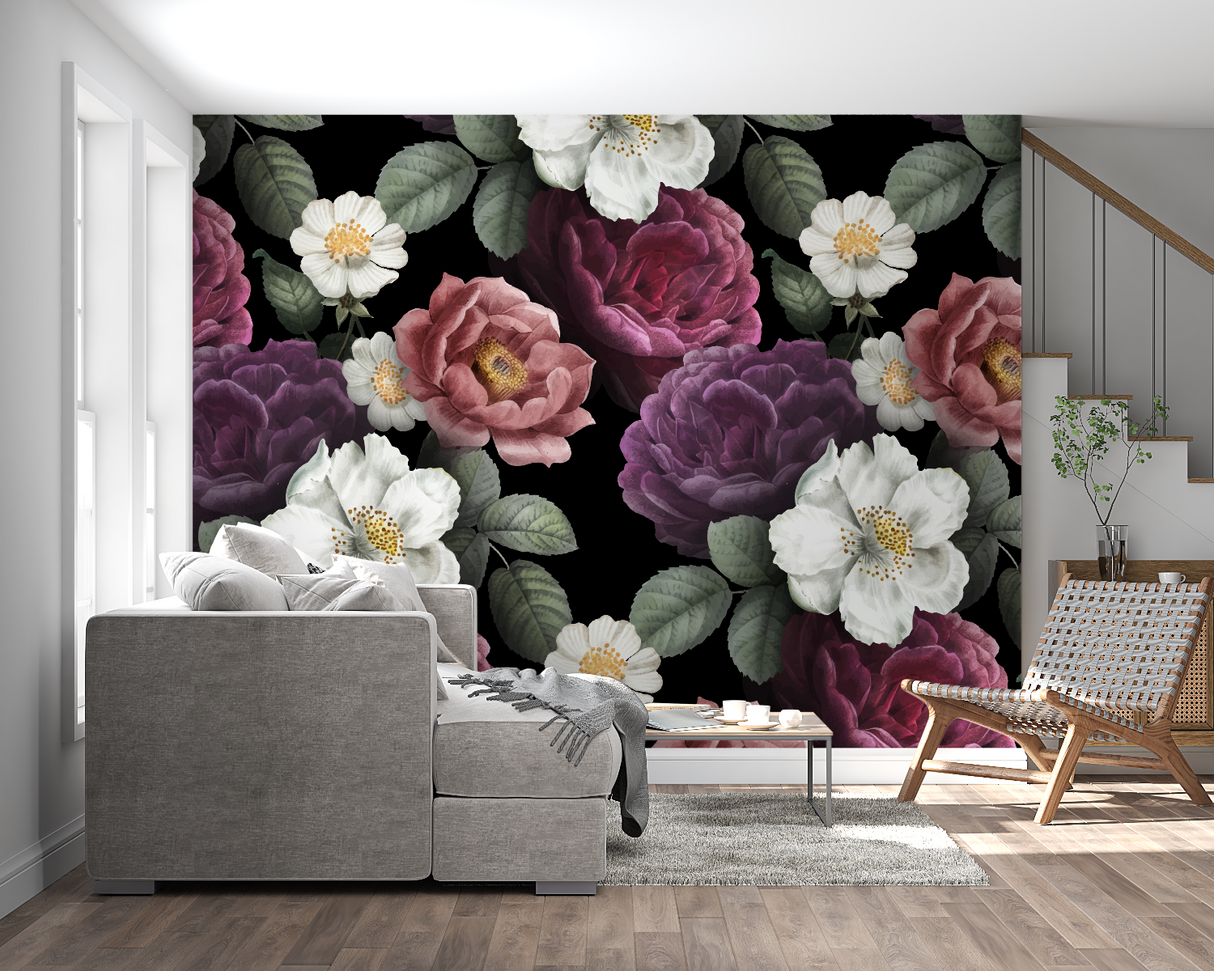Home office with moody floral wall mural creating an inspiring workspace backdrop