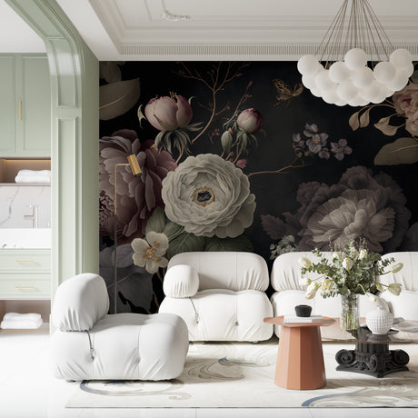 Dark floral wallpaper creating drama in a modern living room with soft lighting and plush furniture